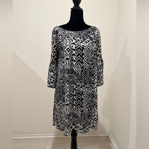 R Rouge Women's sheath dress, bell sleeves, Midi dress, black & White Boho Small